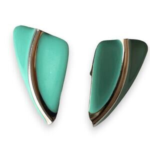 Aqua and silver tone abstract geometric clip on earrings